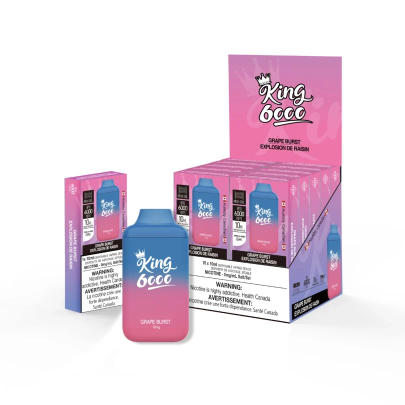 King 6000  grape burst  nicotine free vape device and product packaging